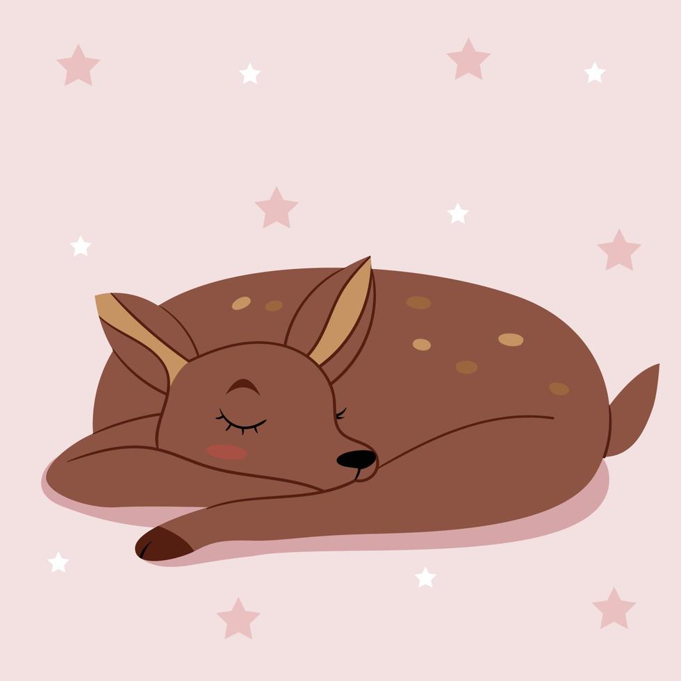 A cute deer sleeps on a pink background. Children's illustration. Fabulous character. Forest animal. vector