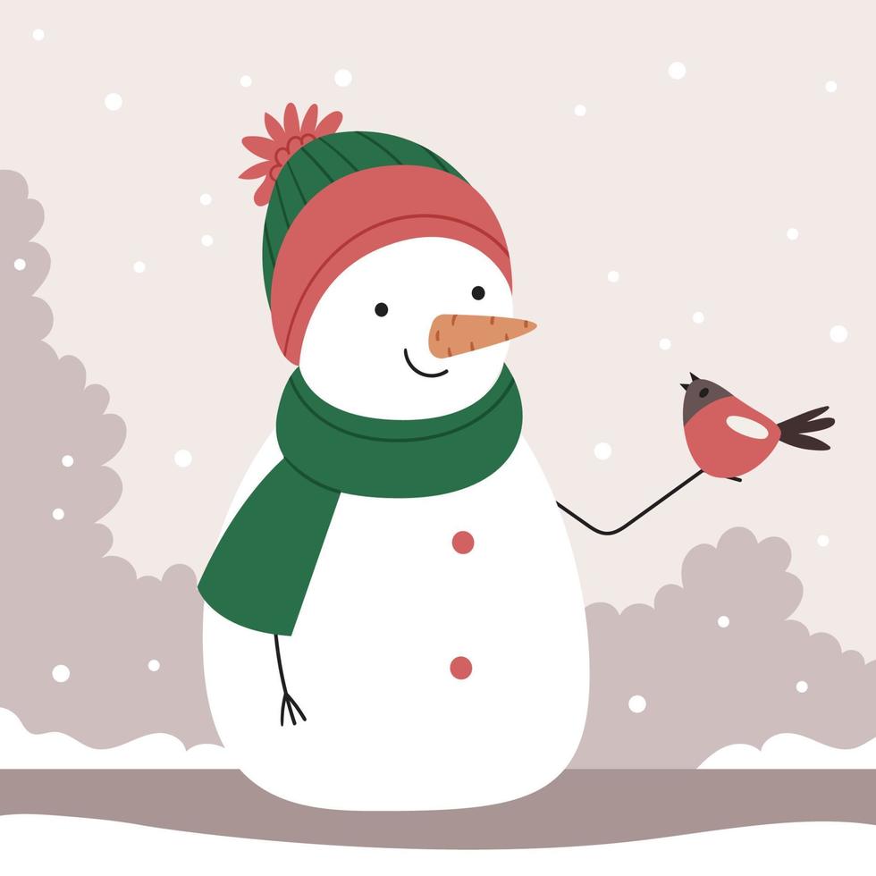 A snowman in a warm hat holds a bullfinch on his hand. Winter greeting. Children's cute illustration. vector