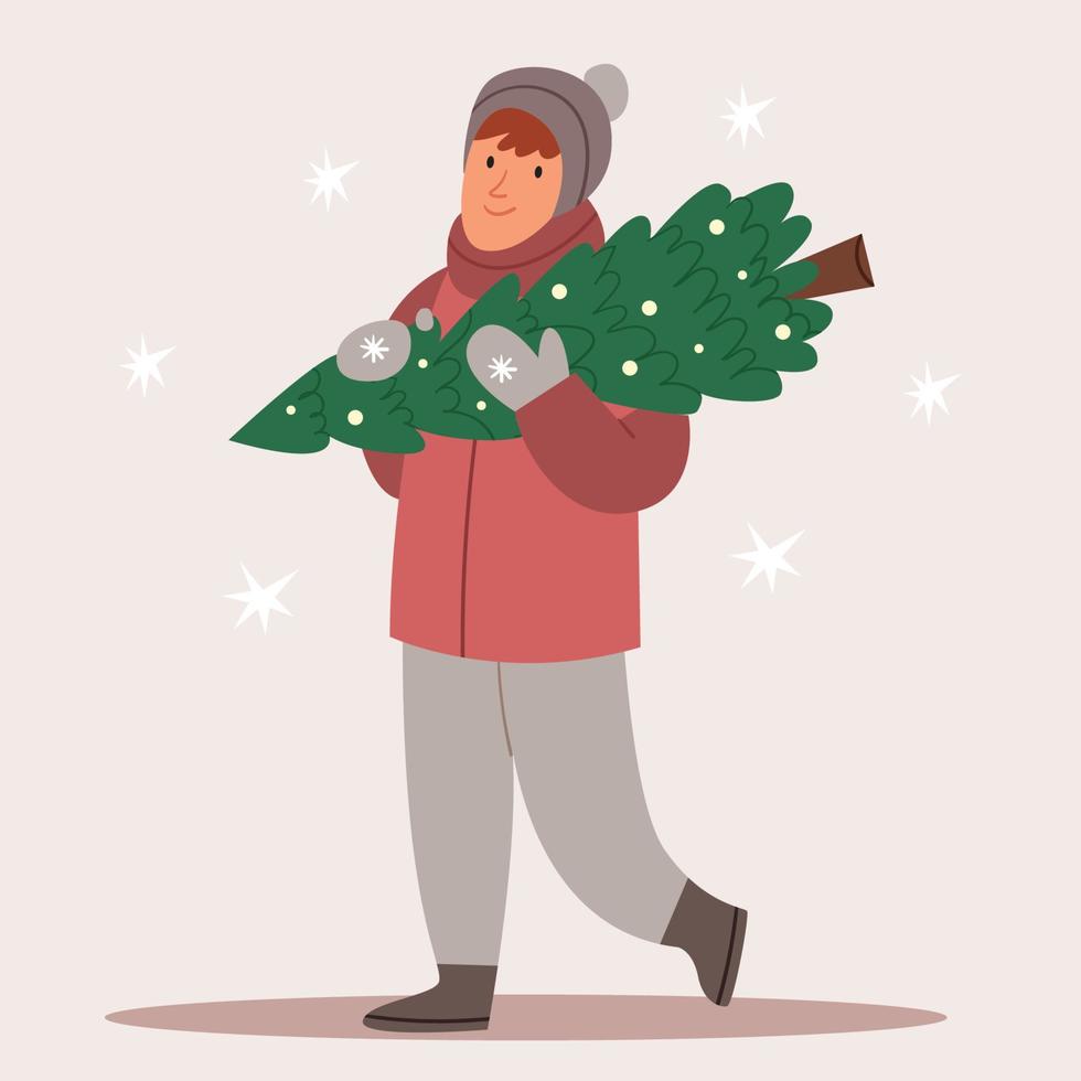 The man bought a Christmas tree. Christmas fair. Winter mood. Shopping before the new year. vector