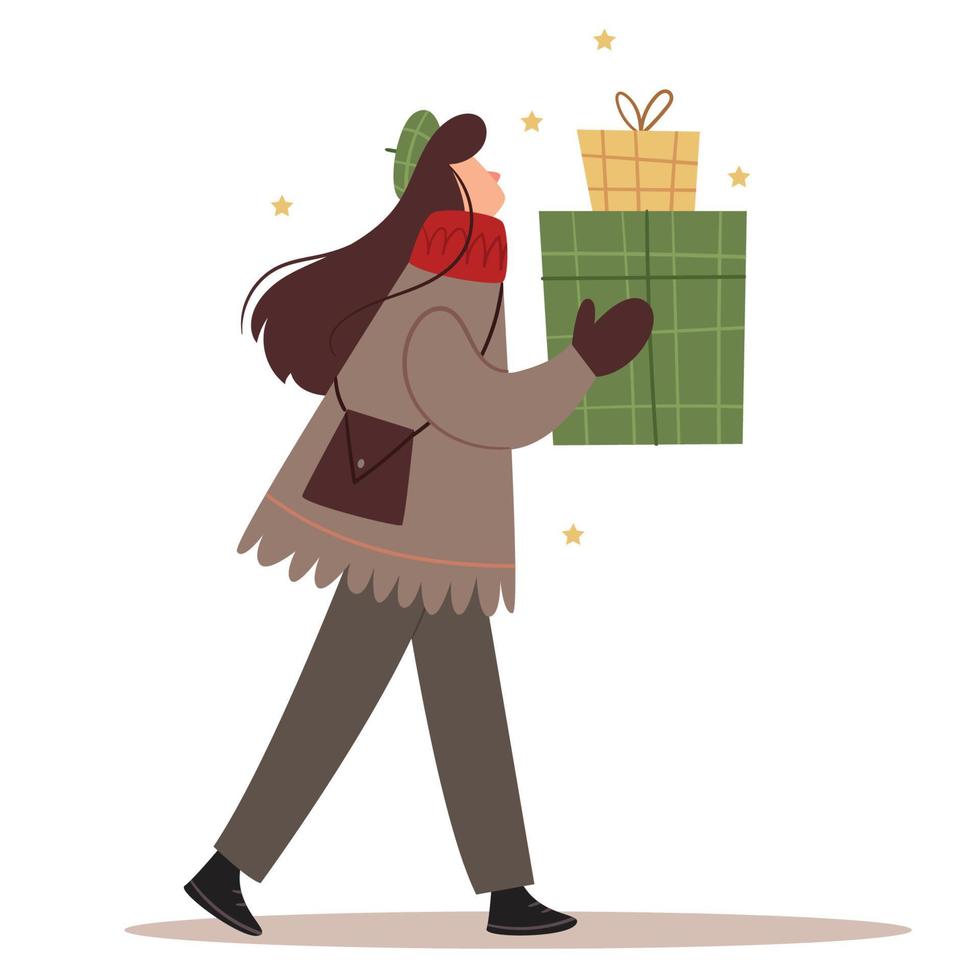 Stylish girl in a green beret carries New Year's gifts. Winter mood. vector