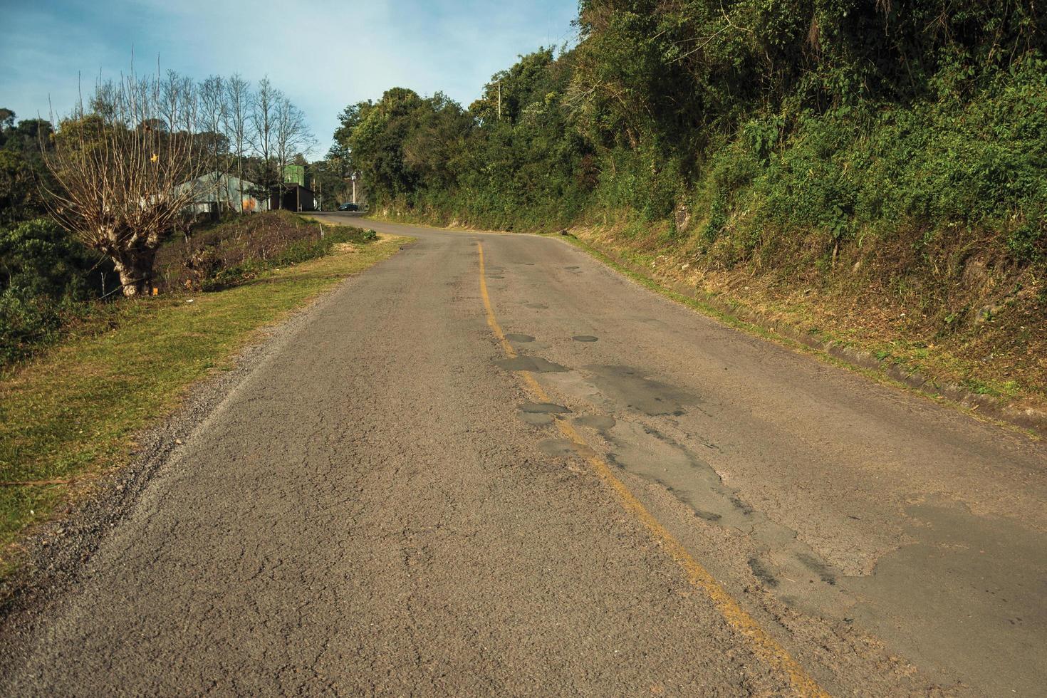 paisaje rural bucólico con carretera asfaltada que atraviesa la colina y el bosque en un día nublado cerca de bento goncalves. una ciudad amigable en el sur de Brasil famosa por su producción de vino. foto