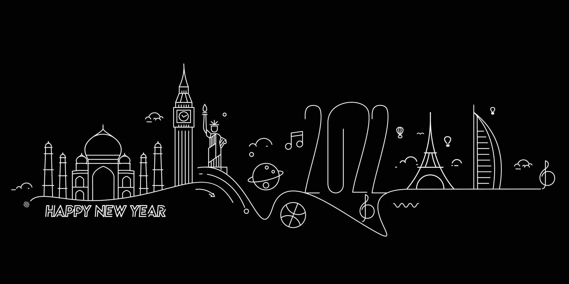 Happy New Year 2022 Text with travel world Design Patter, Vector illustration.