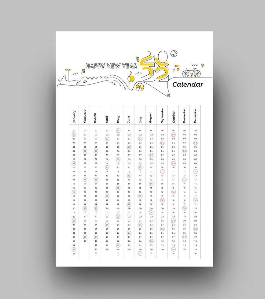 Feliz año nuevo 2022 calendario de febrero - elementos de diseño de vacaciones de año nuevo para tarjetas navideñas, cartel de banner de calendario para decoraciones, fondo de ilustración vectorial. vector