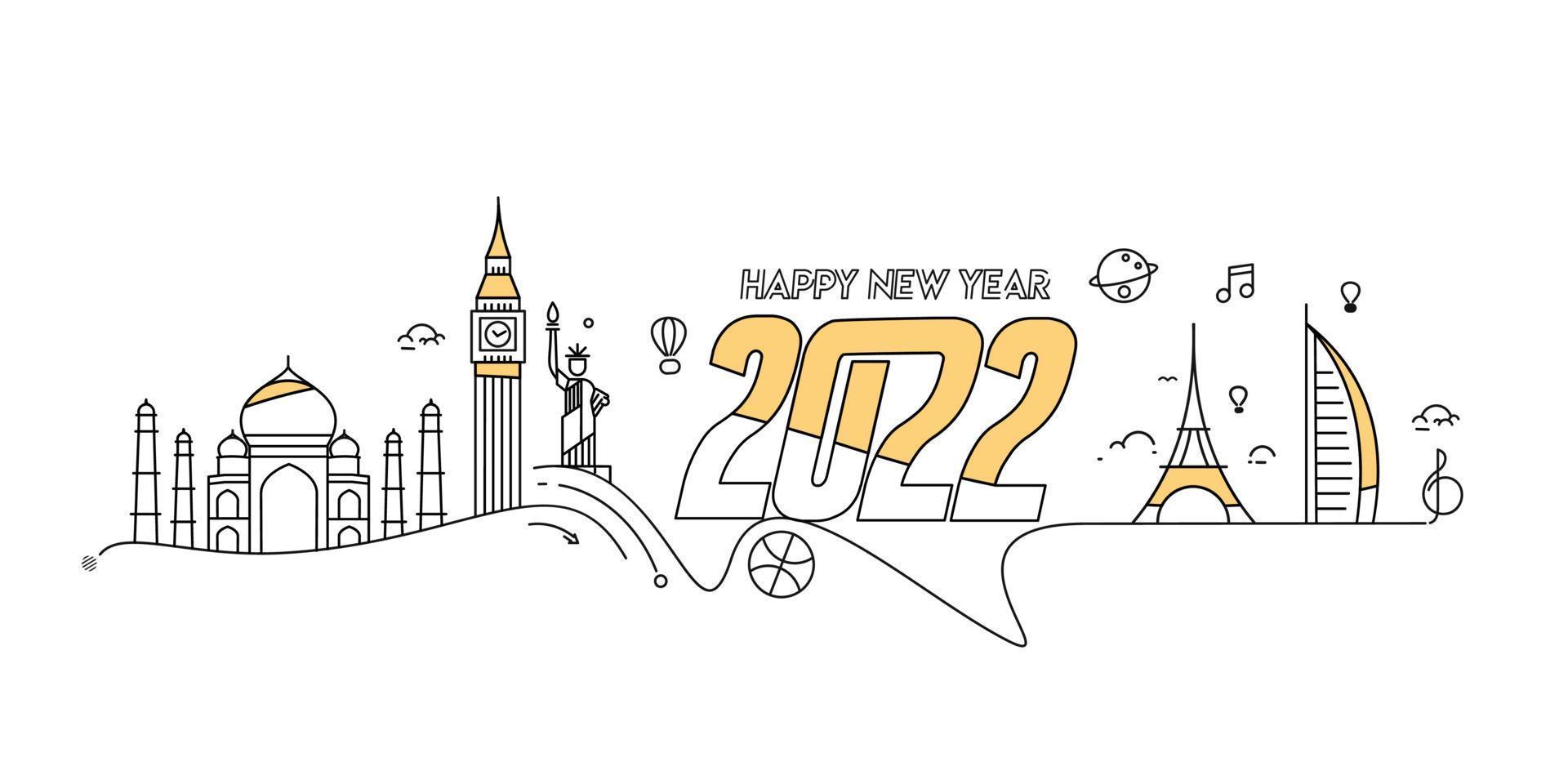 Feliz año nuevo 2022 texto con patrón de diseño de mundo de viajes, ilustración vectorial. vector