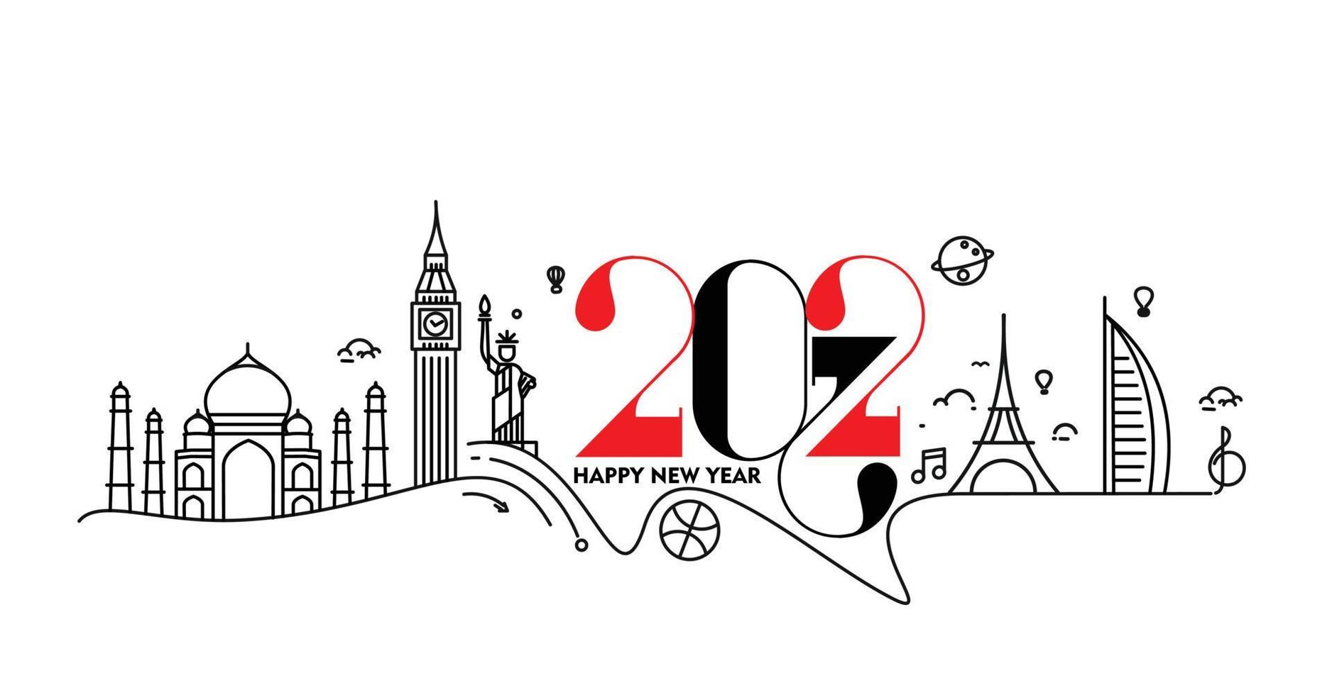 Feliz año nuevo 2022 texto con patrón de diseño de mundo de viajes, ilustración vectorial. vector