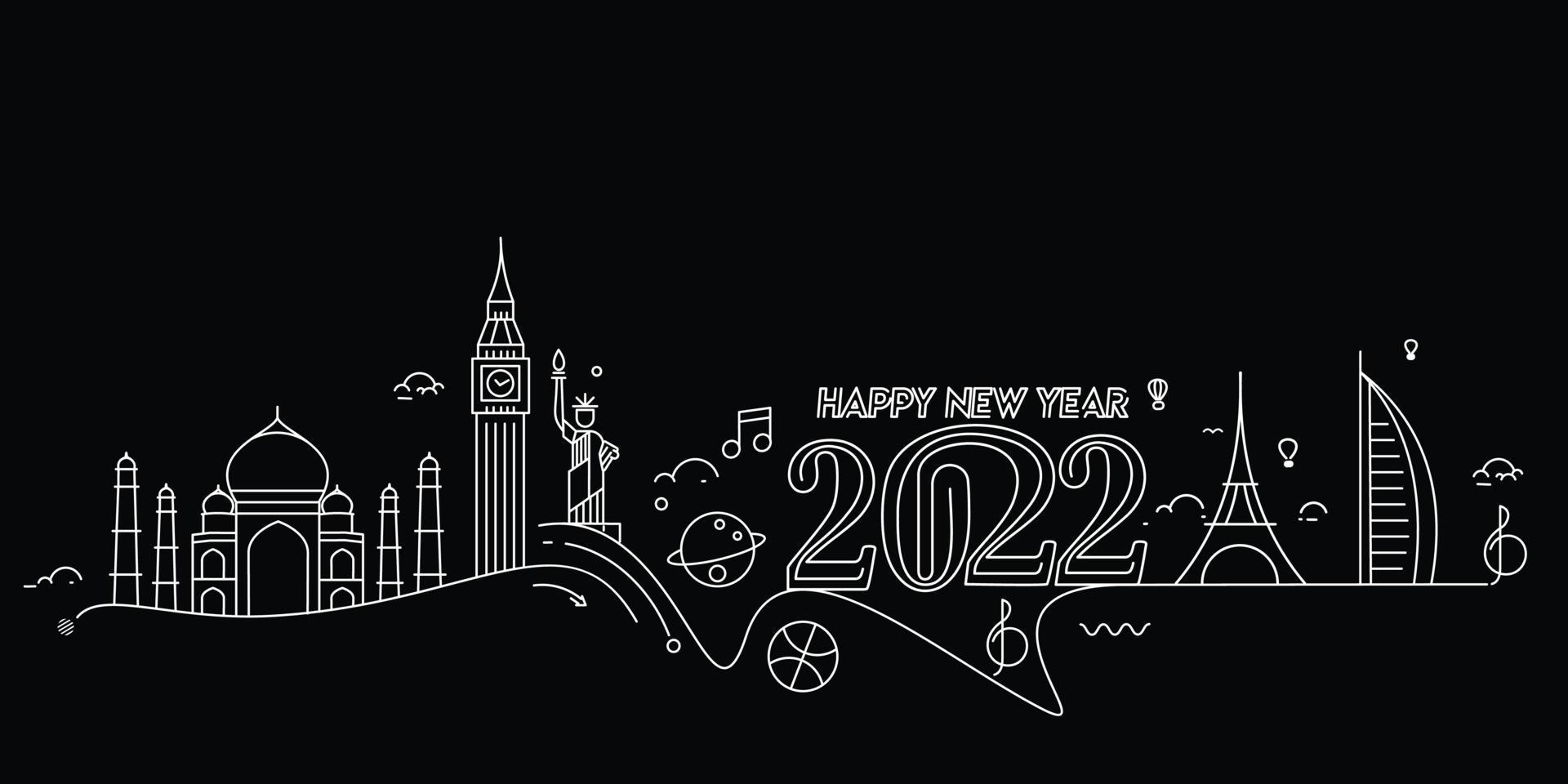 Feliz año nuevo 2022 texto con patrón de diseño de mundo de viajes, ilustración vectorial. vector