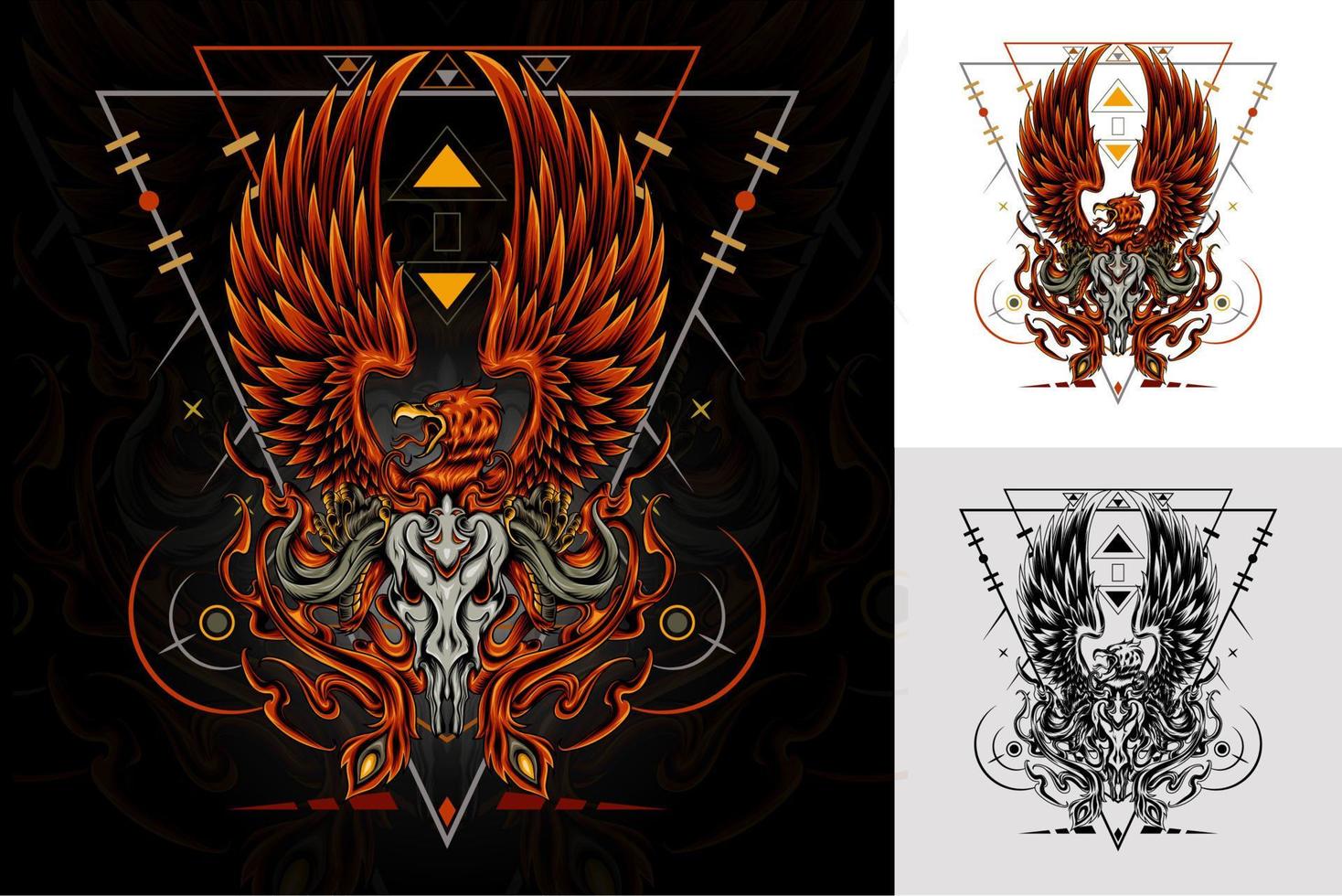 Digital drawing of the phoenix bird in dark art style on sacred geometry background vector