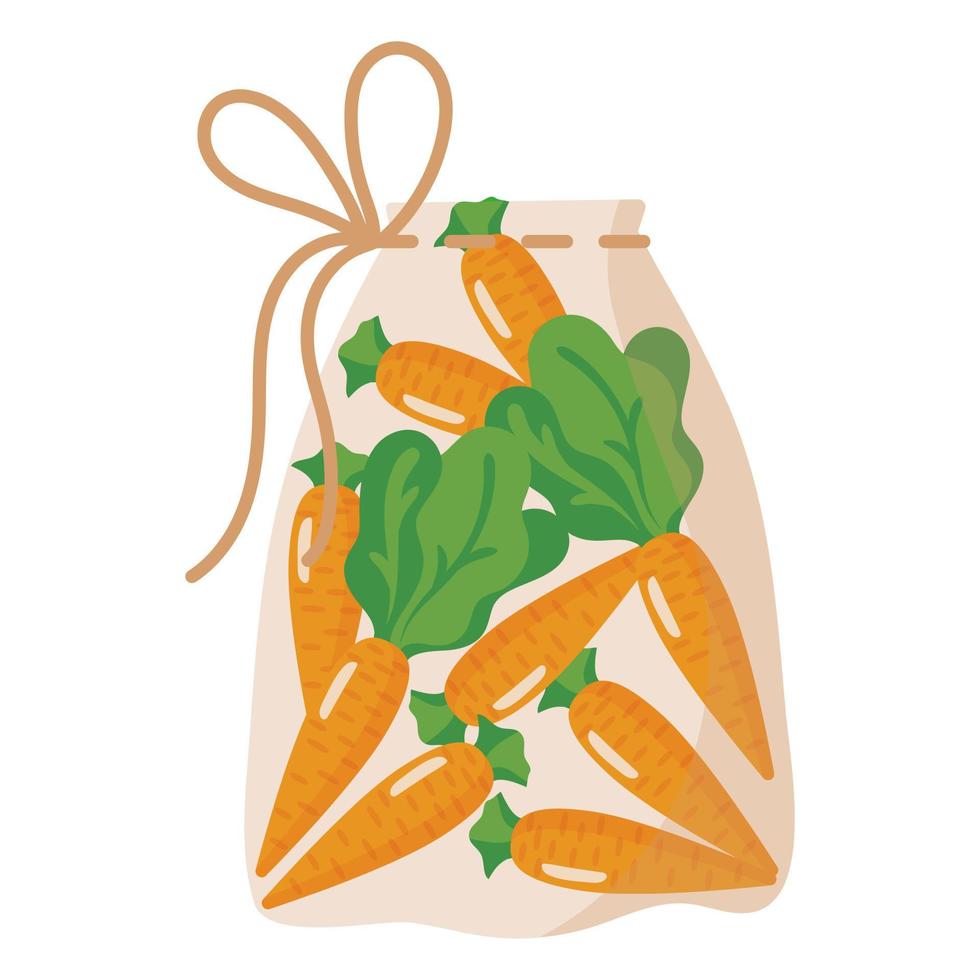 Fabric transparent reusable eco bag for weighing food, vegetables and fruits without using plastic bag with carrot. vector