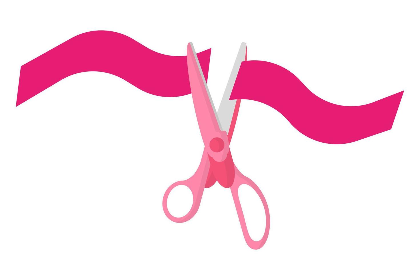 Vector cartoon pink scissors with cut ribbon.