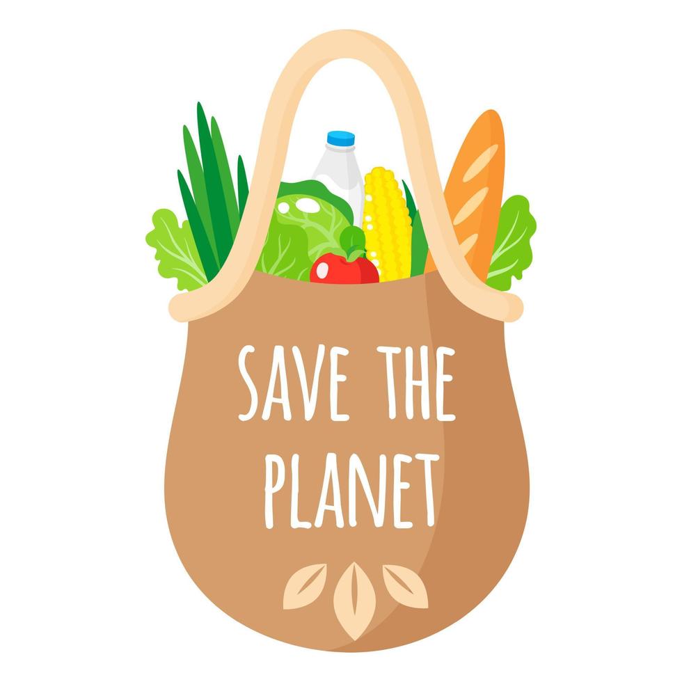 Vector cartoon textile grocery bag with eco quot with healthy organic food.