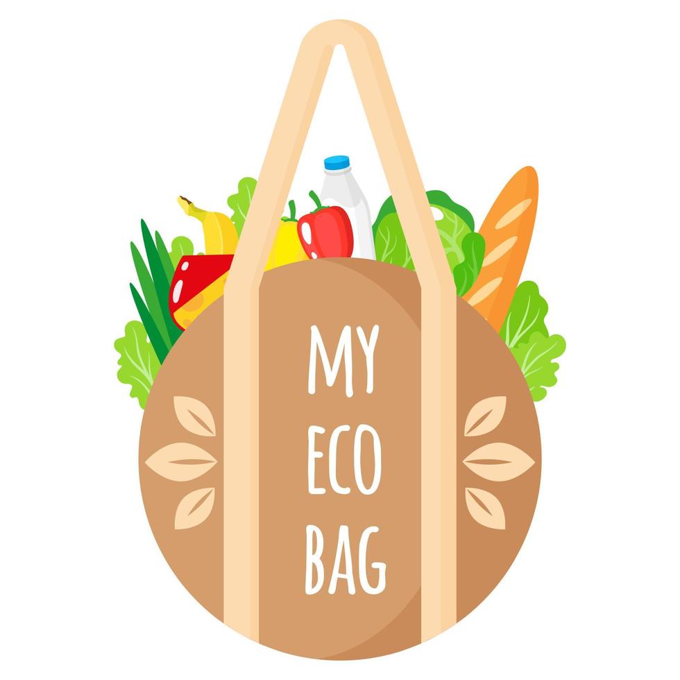 Bolsa textil de dibujos animados de vector con eco quot con alimentos orgánicos saludables.