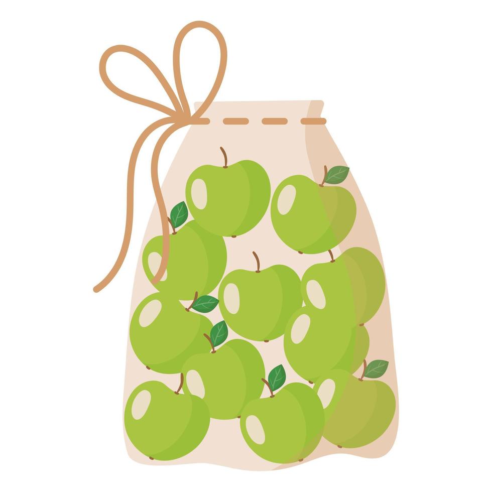 Bolsa ecológica reutilizable de tela transparente para pesar alimentos, verduras y frutas sin utilizar bolsa plástica con manzana verde. vector