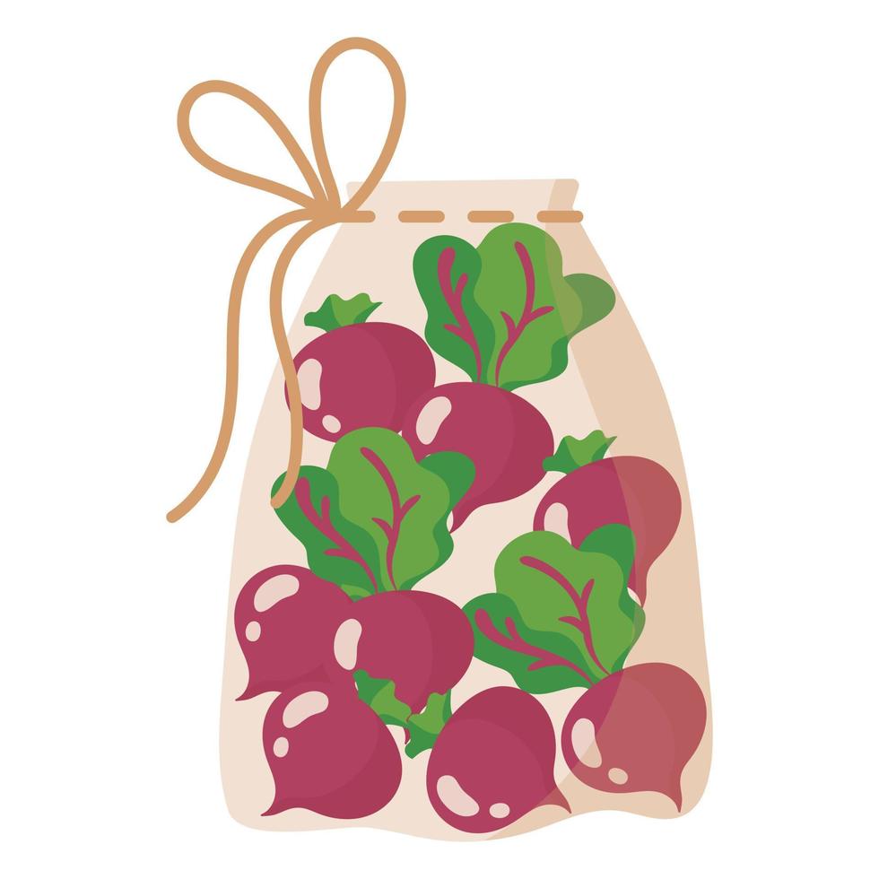 Bolsa ecológica reutilizable de tela transparente para pesar alimentos, verduras y frutas sin necesidad de utilizar bolsa de plástico con remolacha. vector