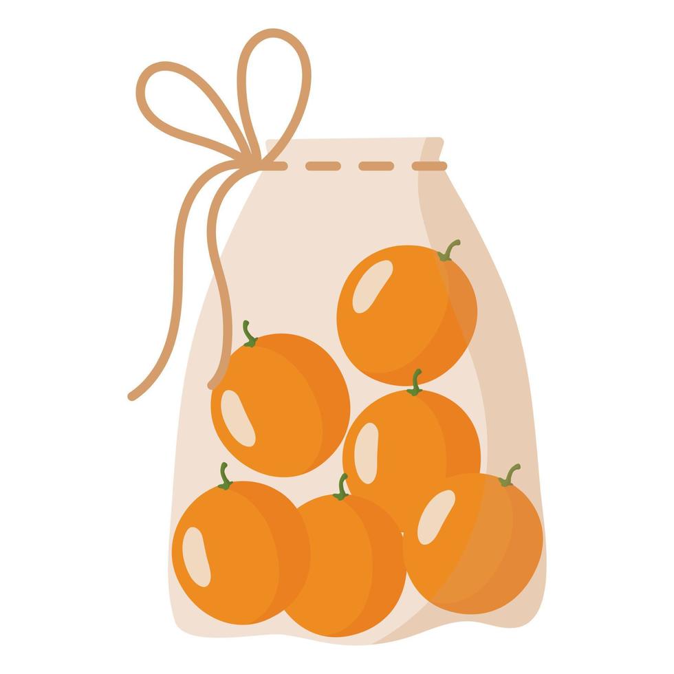 Bolsa ecológica reutilizable de tela transparente para pesar alimentos, verduras y frutas sin usar bolsa plástica con naranja. vector