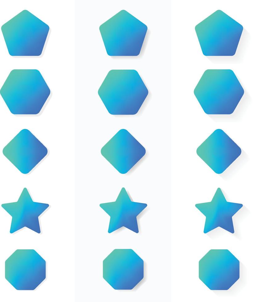 oscuridad. pentágono hexágono rectángulo redondeado sombras en forma de estrella en 3 estilos diferentes para ui y ux. botones de llamada a la acción y cta con degradados de color azul brillante. vector