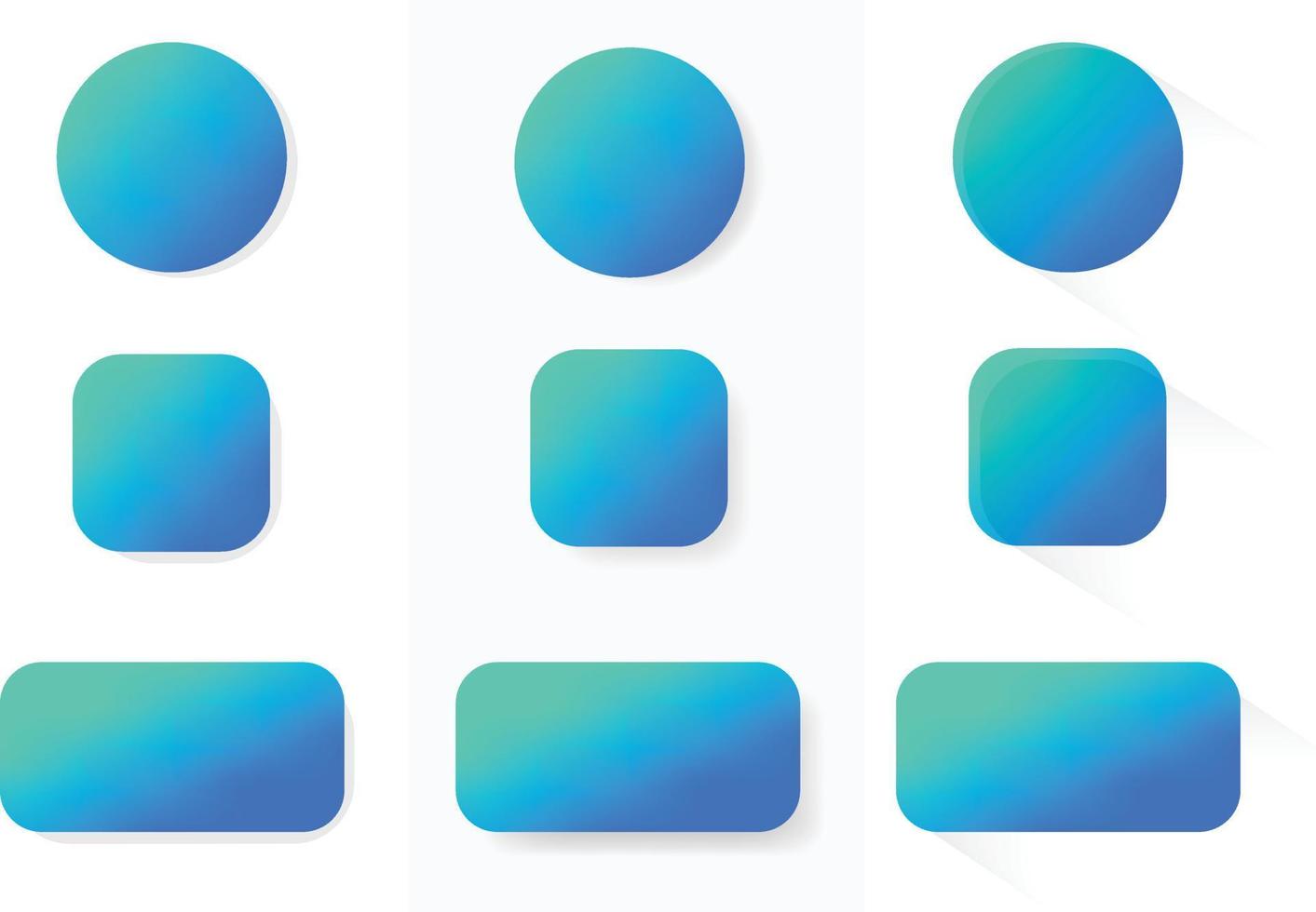 oscuridad. rectángulo cuadrado y sombras en forma de círculo en 3 estilos diferentes para ui y ux. botones de llamada a la acción y cta con degradados de color azul brillante. vector