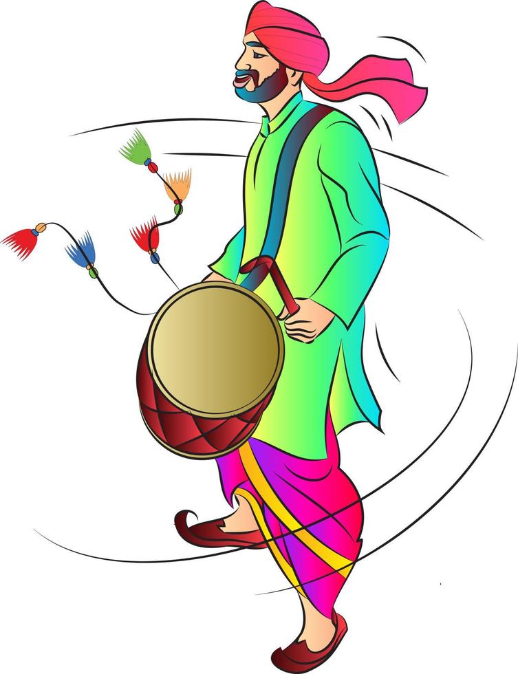 Punjabi bhangra drummer in harvest festival Lohari, vector illustration
