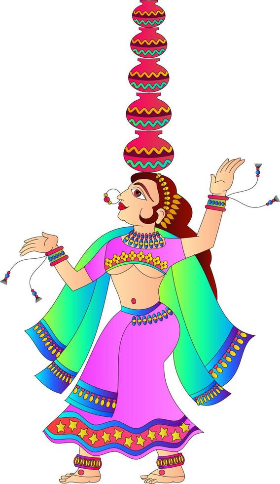 lady dancer with earthen pots on head drawn in Indian folk art, Kalamkari vector