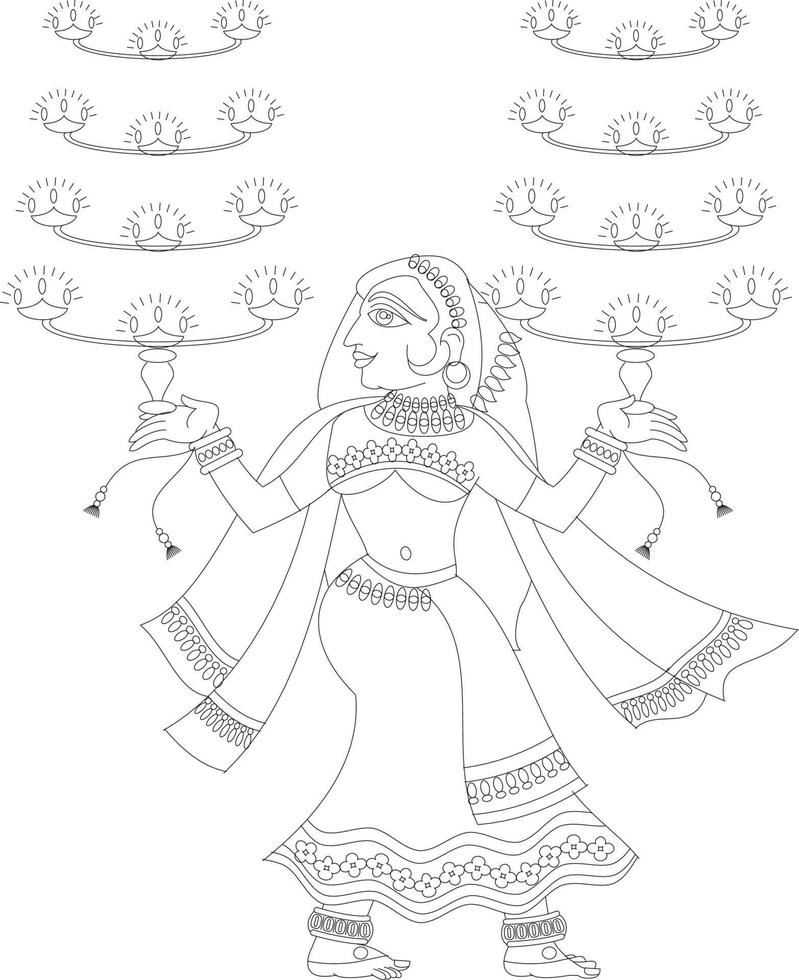 bailarina en equilibrio con lámparas de aceite dibujadas en el arte popular indio, kalamkari vector