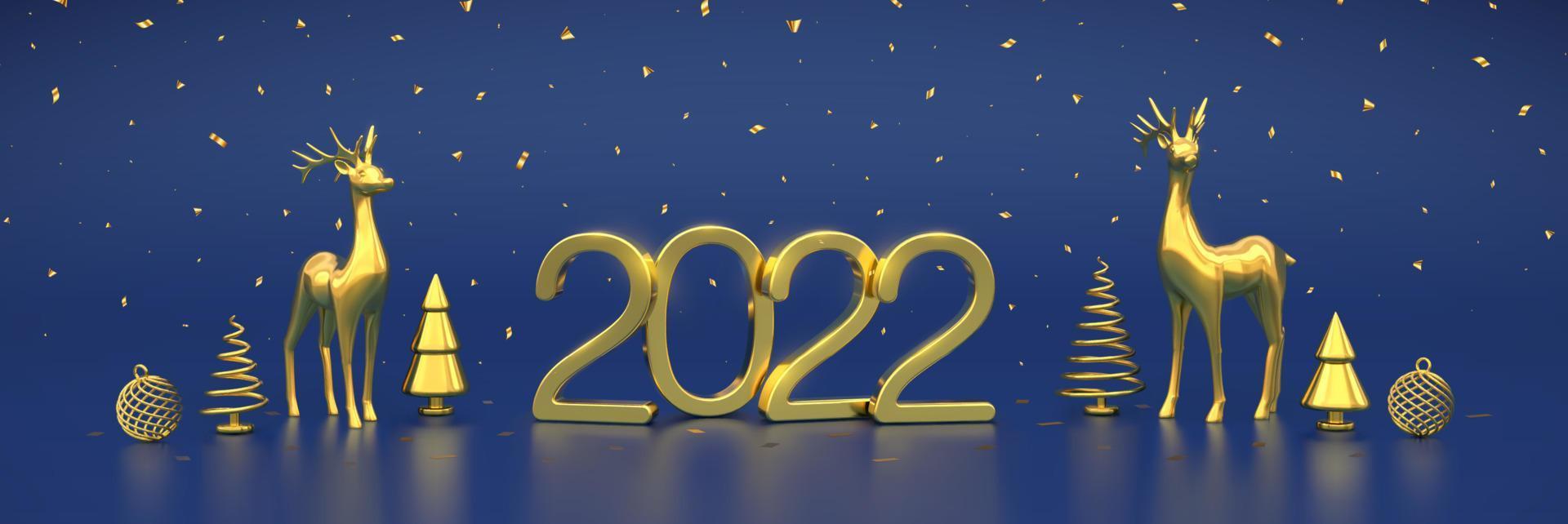 feliz año nuevo 2022. números metálicos dorados 2022 con ciervos dorados, cajas de regalo, pino o abeto metálico dorado, abetos en forma de cono, bolas brillantes y confeti sobre fondo azul. ilustración vectorial. vector