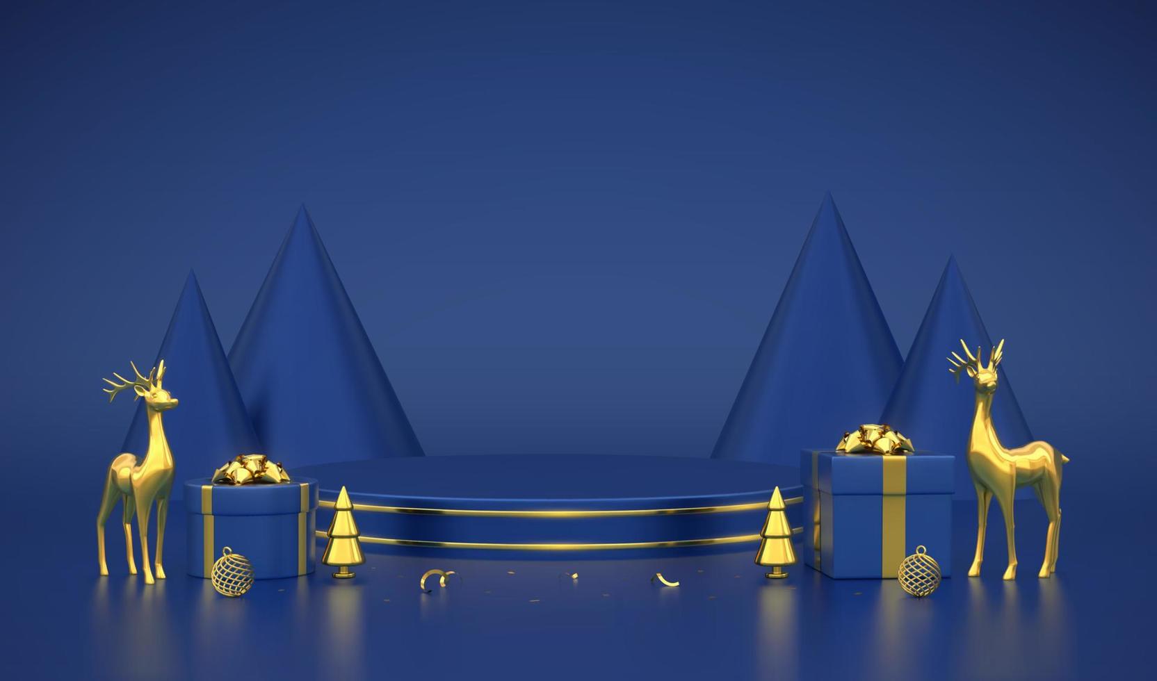 Blue round podium. Christmas Scene and 3D platform on blue background. Blank Pedestal with gift boxes, golden deers, shining balls, gold metallic pine, cone shape spruce trees. Vector illustration.