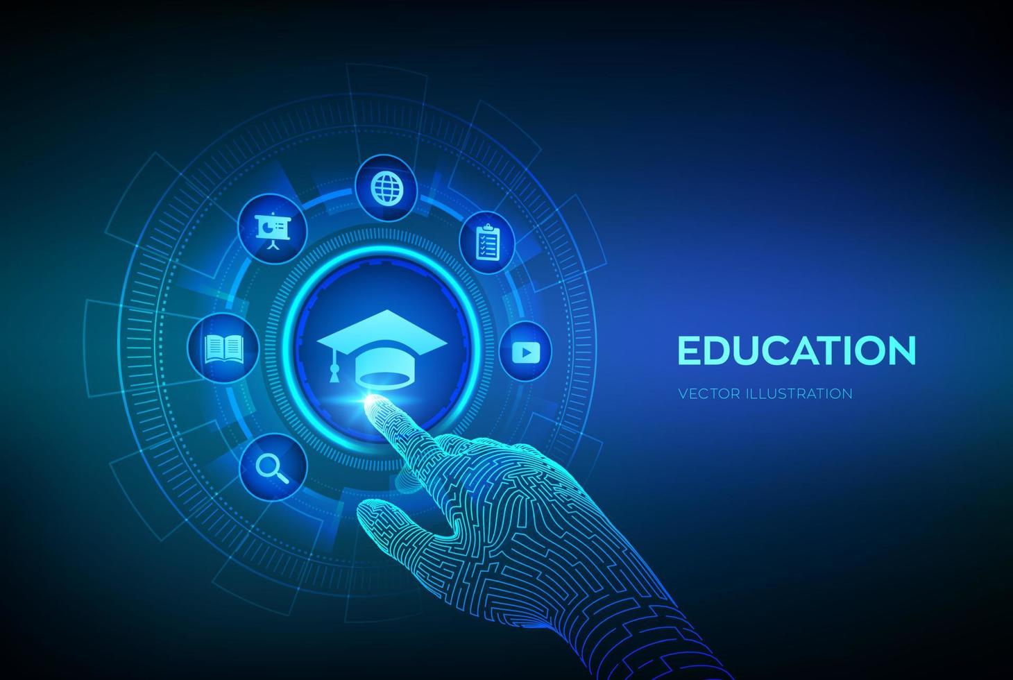 educación. innovador concepto de tecnología de internet y e-learning en línea. webinar, conocimiento, cursos de formación online. desarrollo de habilidades. mano robótica tocando la interfaz digital. ilustración vectorial. vector