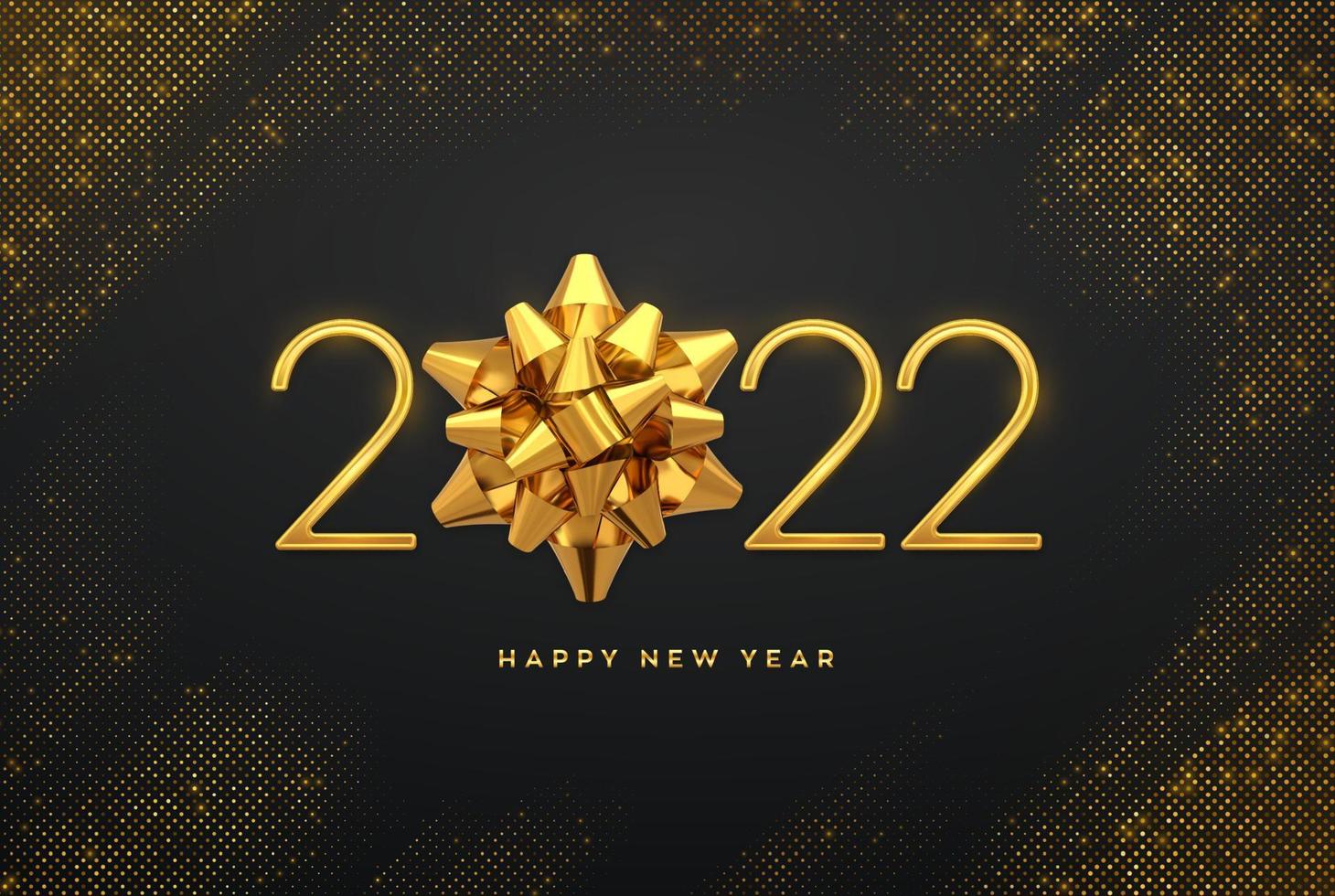 Happy New 2022 Year. Golden metallic luxury numbers 2022 with golden gift bow on shimmering background. Bursting backdrop with glitters. Greeting card, festive poster or holiday banner. Vector. vector