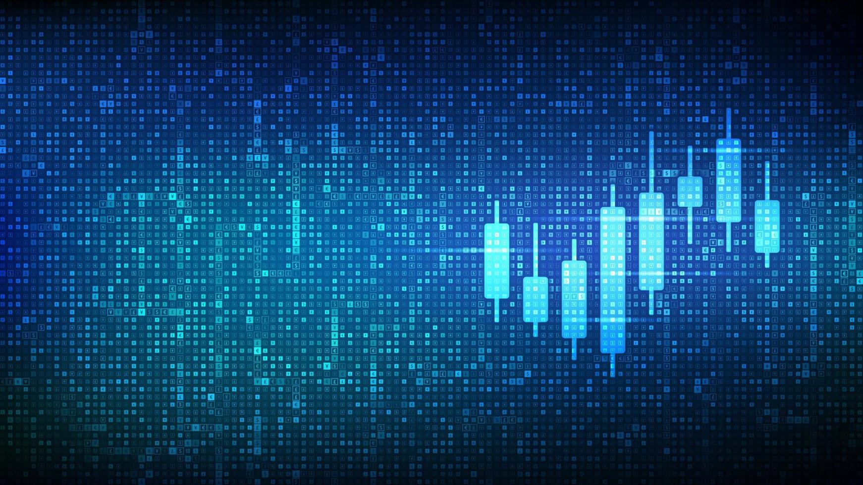 Analysis graph candlestick stock icon made with currency symbols. Stock market or forex trading graph. Dollar, euro, yen and pound icons. Financial background with currency signs. Vector illustration.