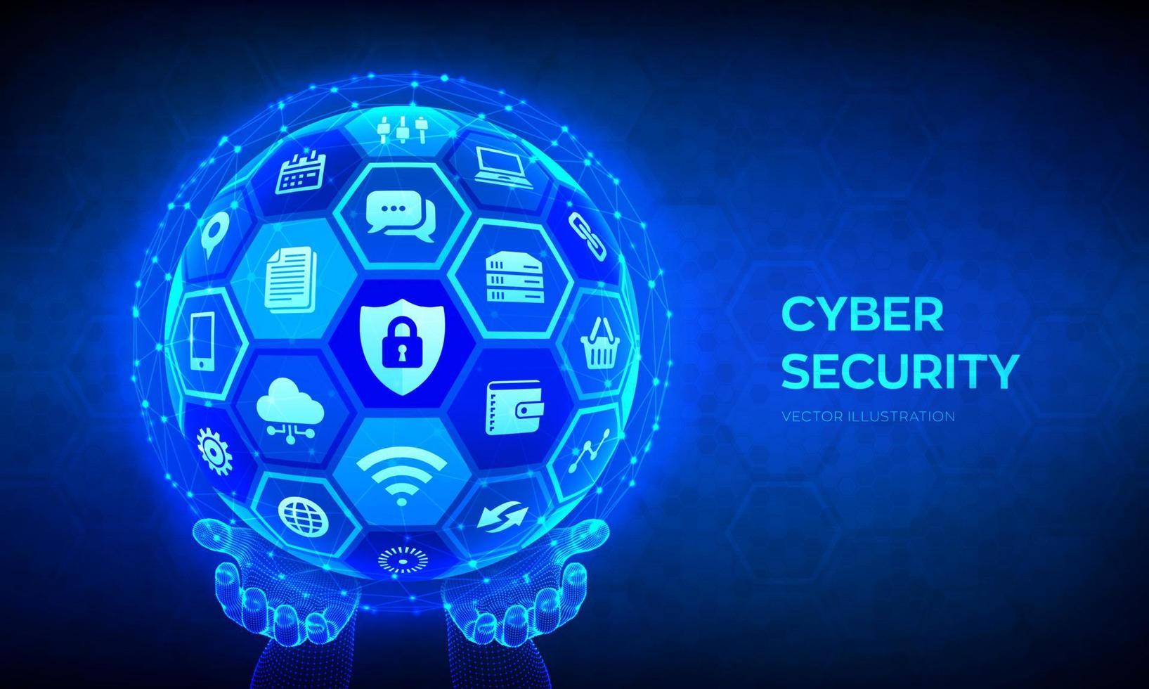Cyber security. Information protect and or safe concept. Abstract 3D sphere or globe with surface of hexagons with icons in wireframe hands illustrates cyber data security idea. Vector illustration.