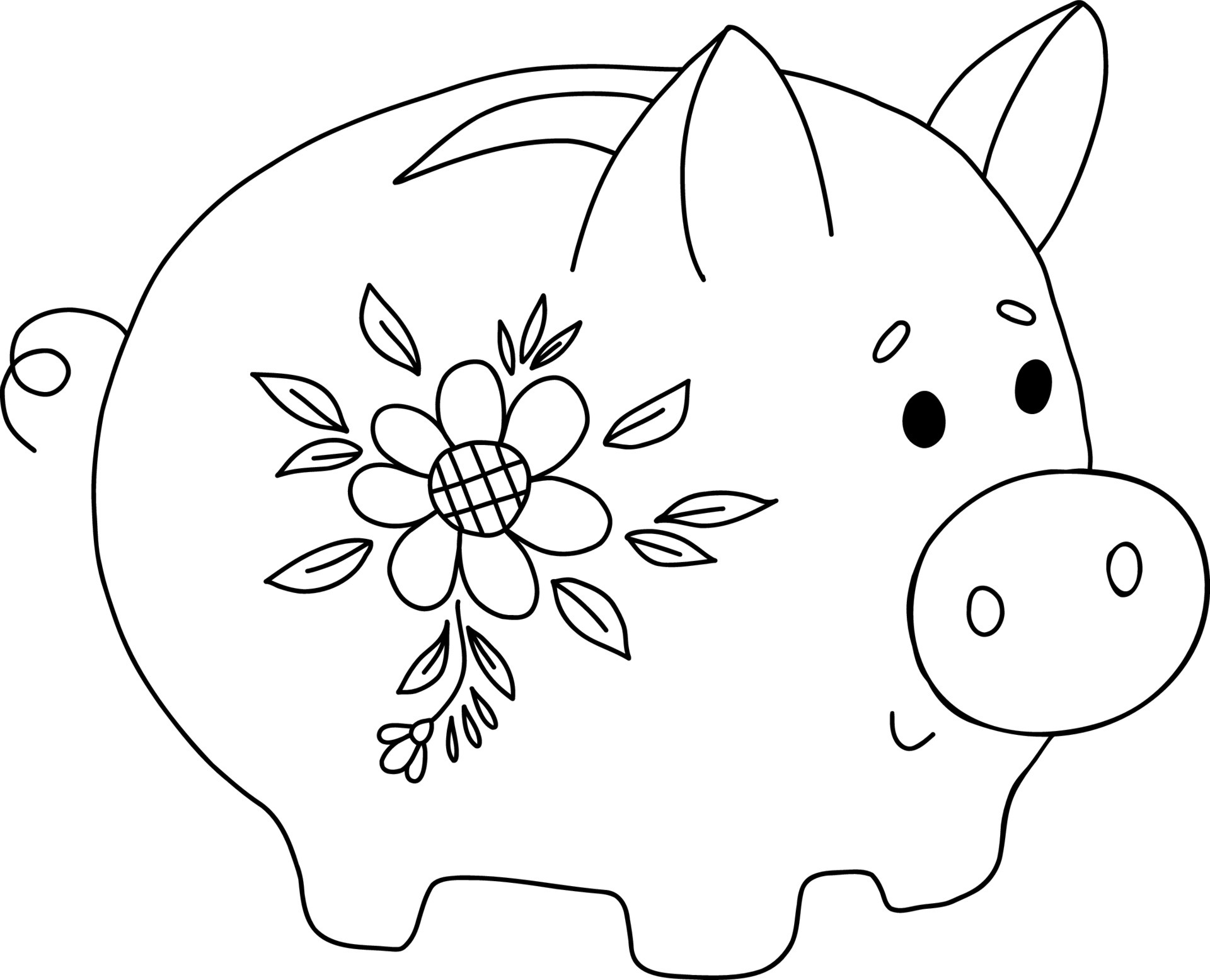 Cute pig piggy bank with flower. Vector illustration. Hand doodle