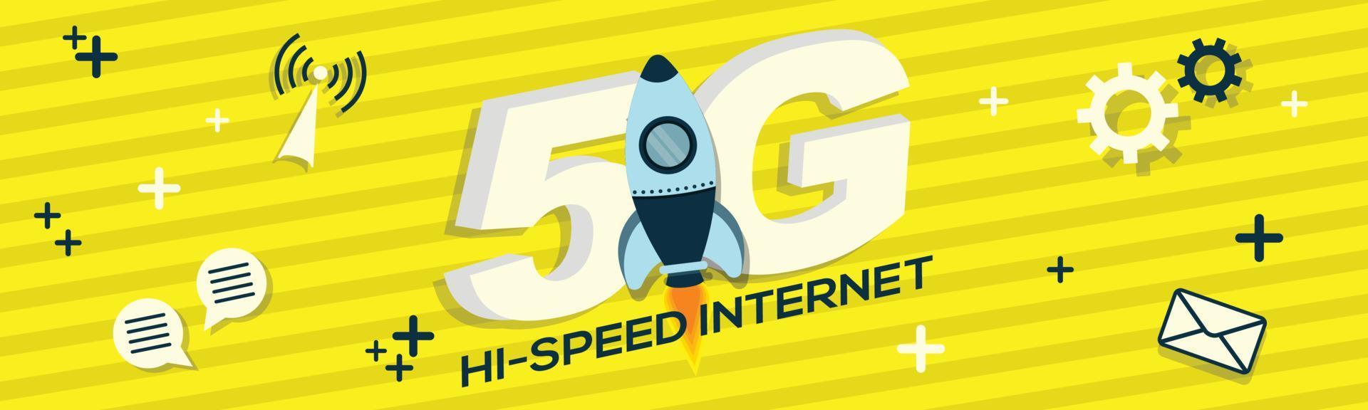 5G high speed internet concept with spaceship flying free vector banner illustration