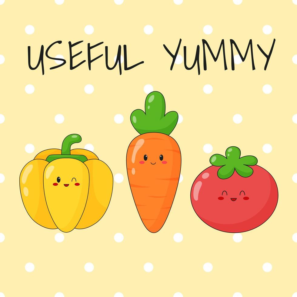 Print with cute vegetable characters and text. Kawaii pepper, carrot, tomato on yellow background with seamless pattern. Flat vector illustration.