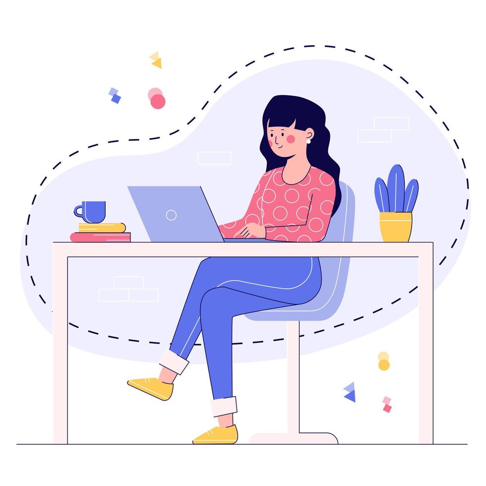 concepto de lugar de trabajo. mujer sentada en una silla y trabajando con una computadora portátil en la mesa. Ilustración moderna en estilo plano con contorno. vector