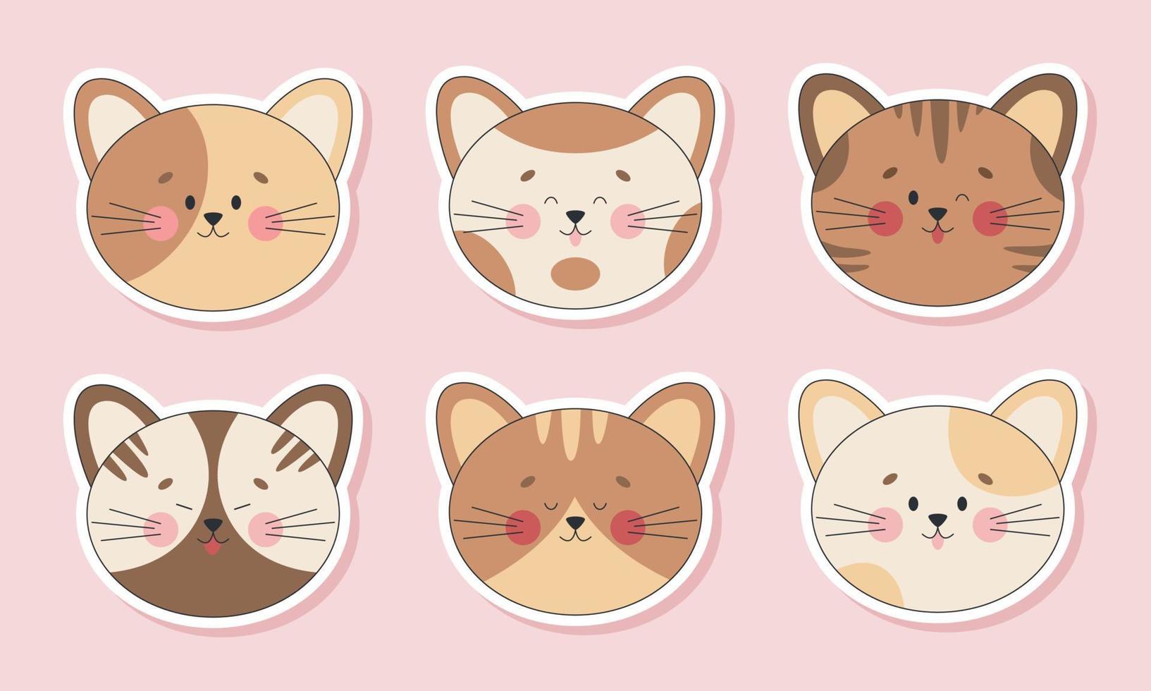 conjunto de pegatinas de cabezas de gato lindo. Caras de gatito kawaii con diferentes emociones aisladas. vector plano con un contorno.