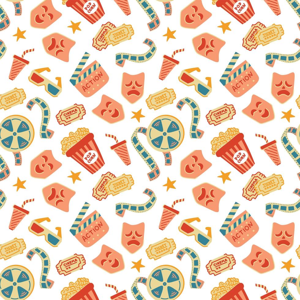 Cinema seamless pattern with film reel, clapper, popcorn, 3D glasses, soda cup, cinema ticket and stars in retro style. Movie vector background