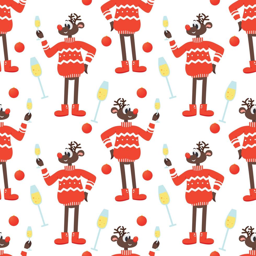 Seamless festive background with a Christmas reindeer in a red sweater and champagne vector