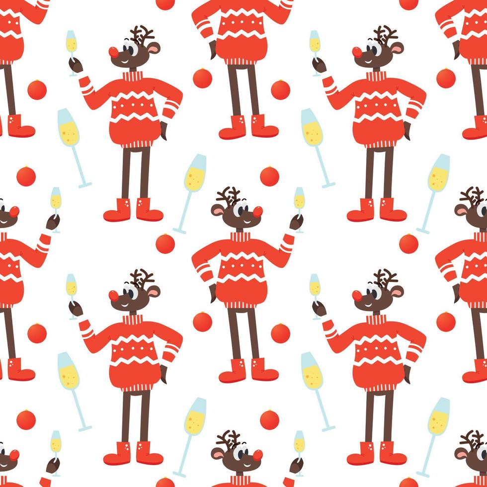 Seamless festive background with a Christmas reindeer in a red sweater and champagne vector