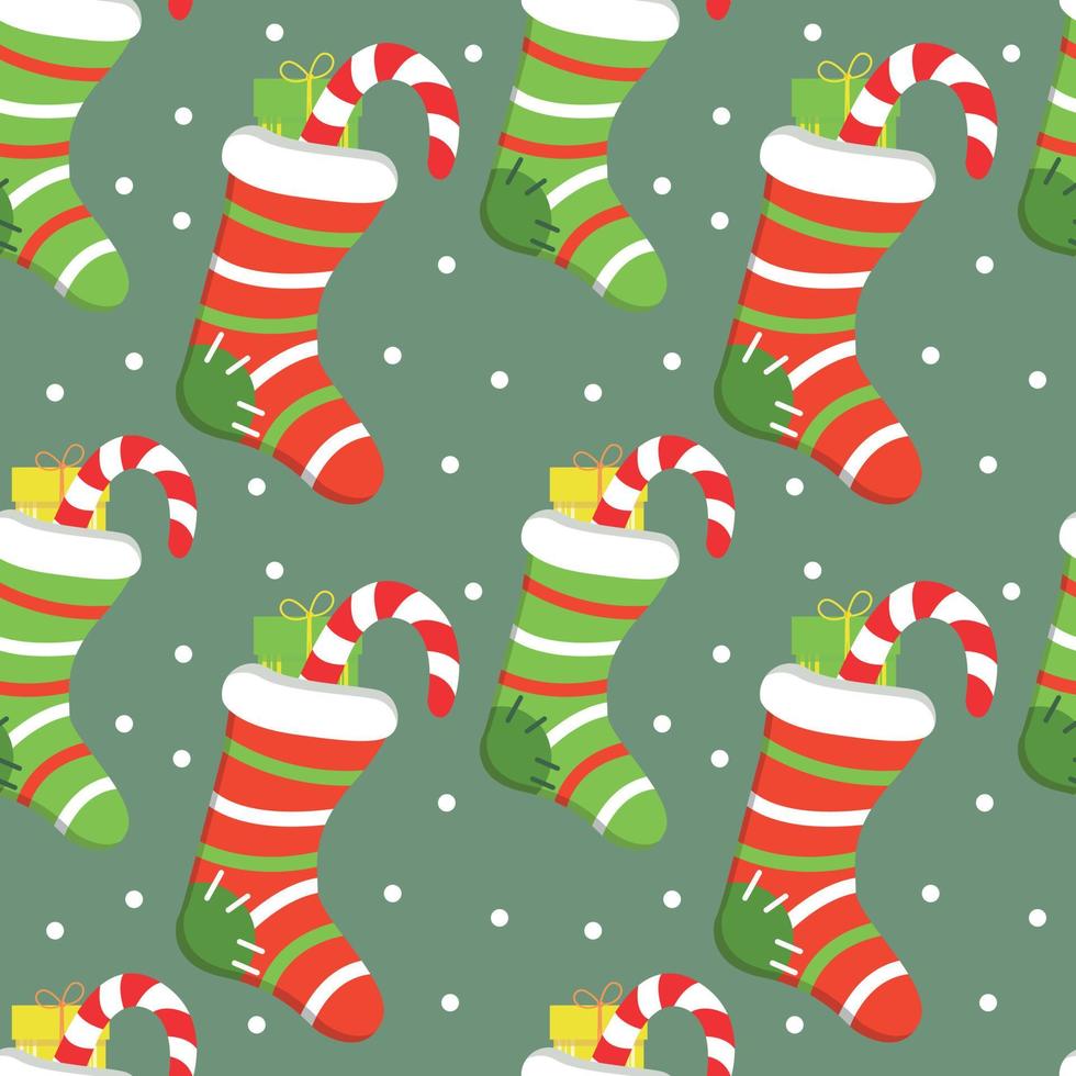 Seamless festive background with Christmas knitted sock and gift vector