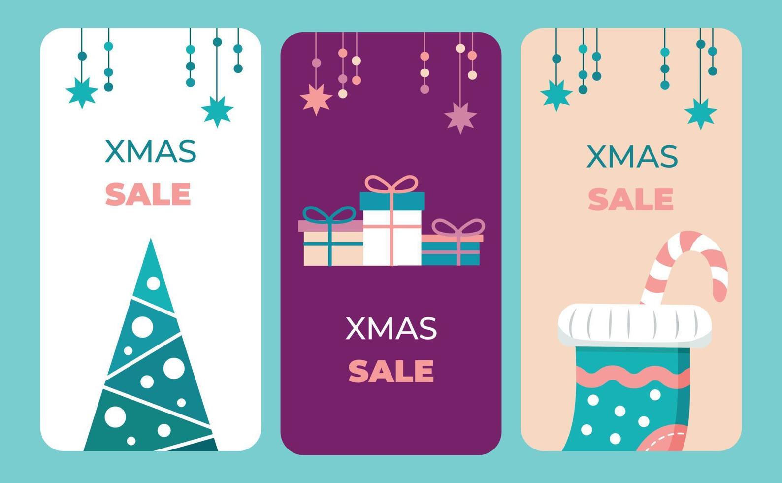 A set of Christmas vertical banners with a flat design and a single color scheme. Vector illustration.