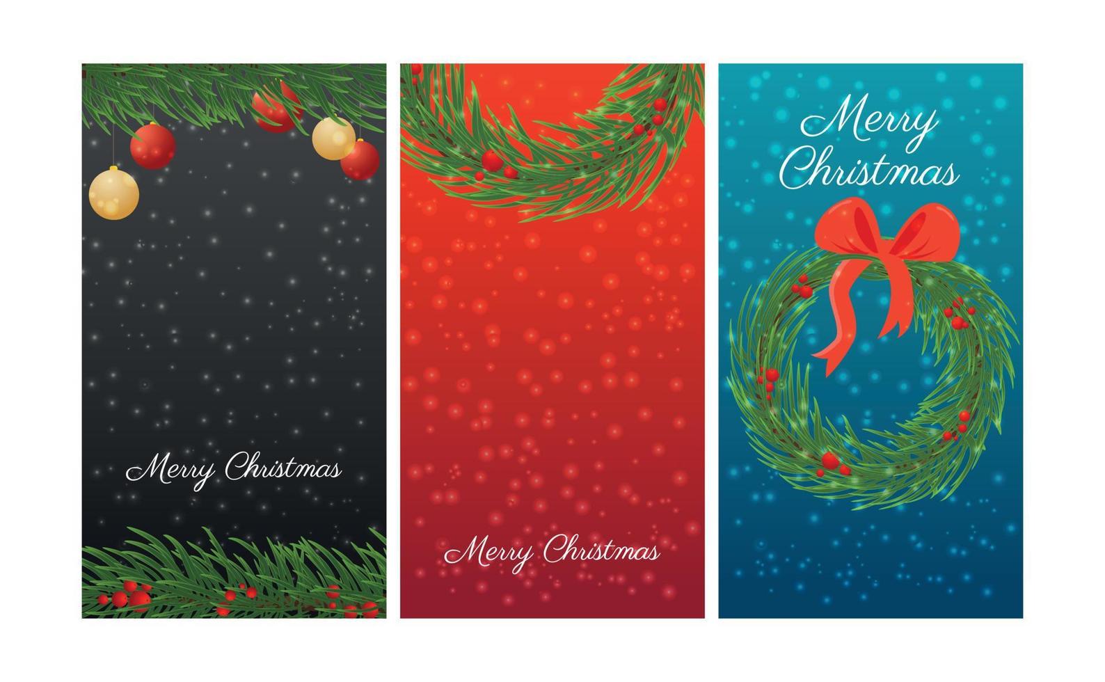 A set of Christmas vertical banners with a festive wreath and decorations. Vector illustration.