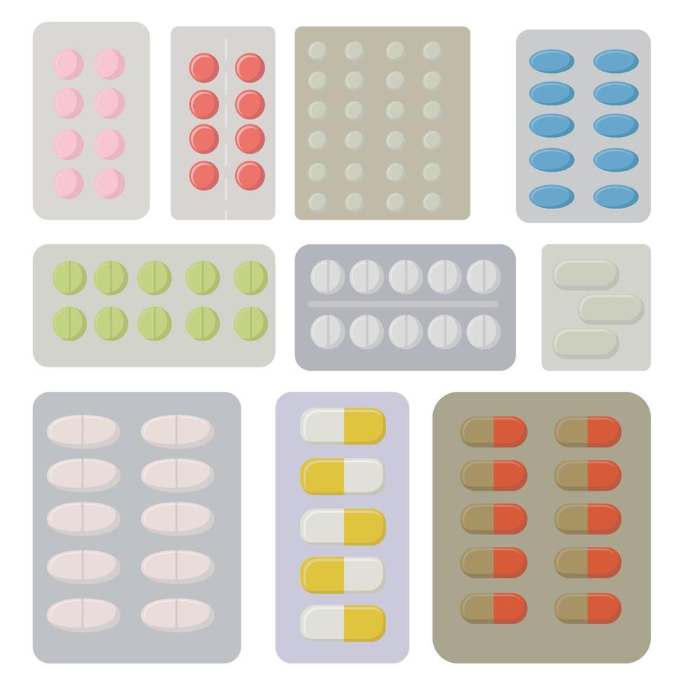 Pharmaceutical preparations in solid form, blisters with medical pills and capsules, vitamins and supplements vector