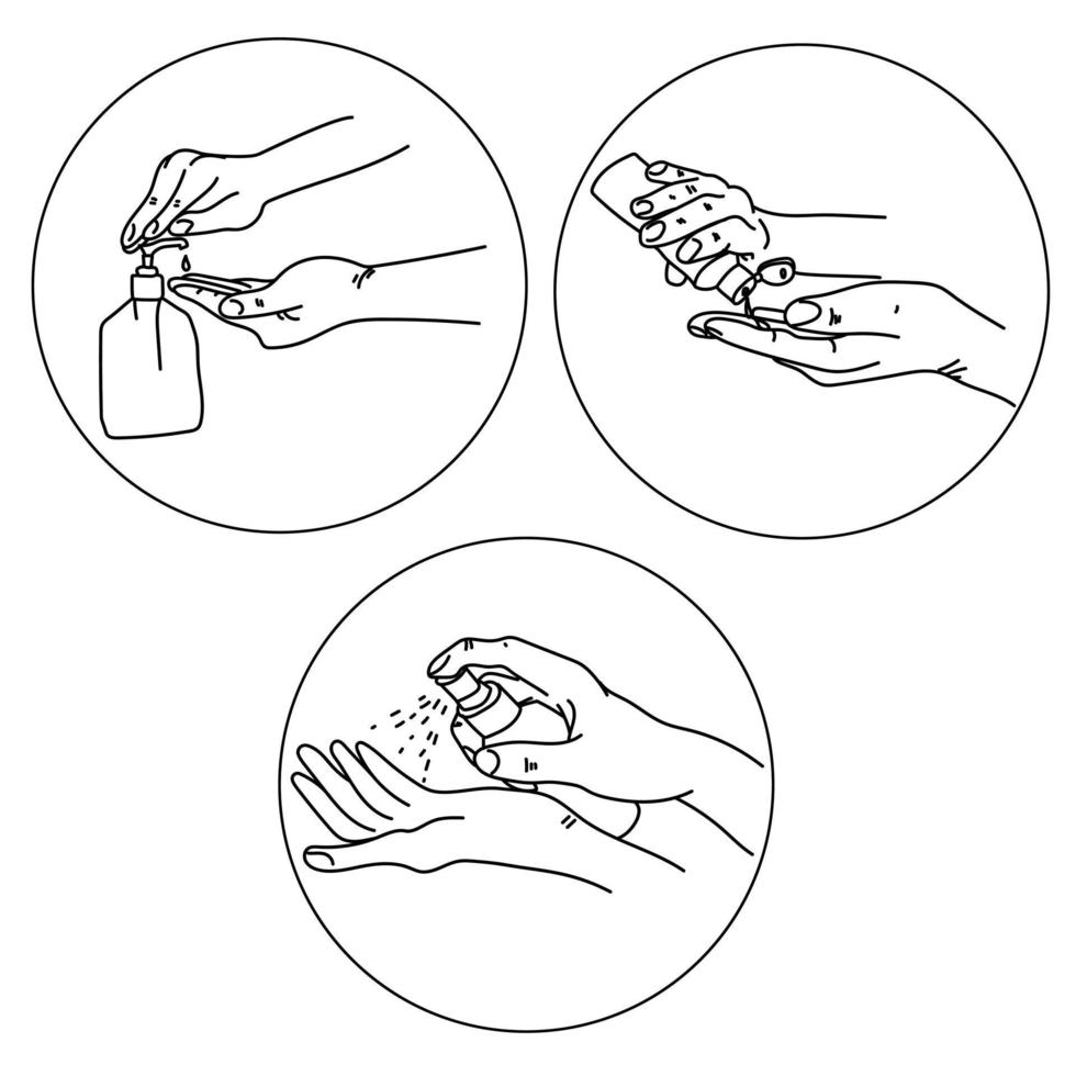 Hand antiseptic treatment, various forms of antiseptics in the form of a gel or spray, personal hygiene products vector