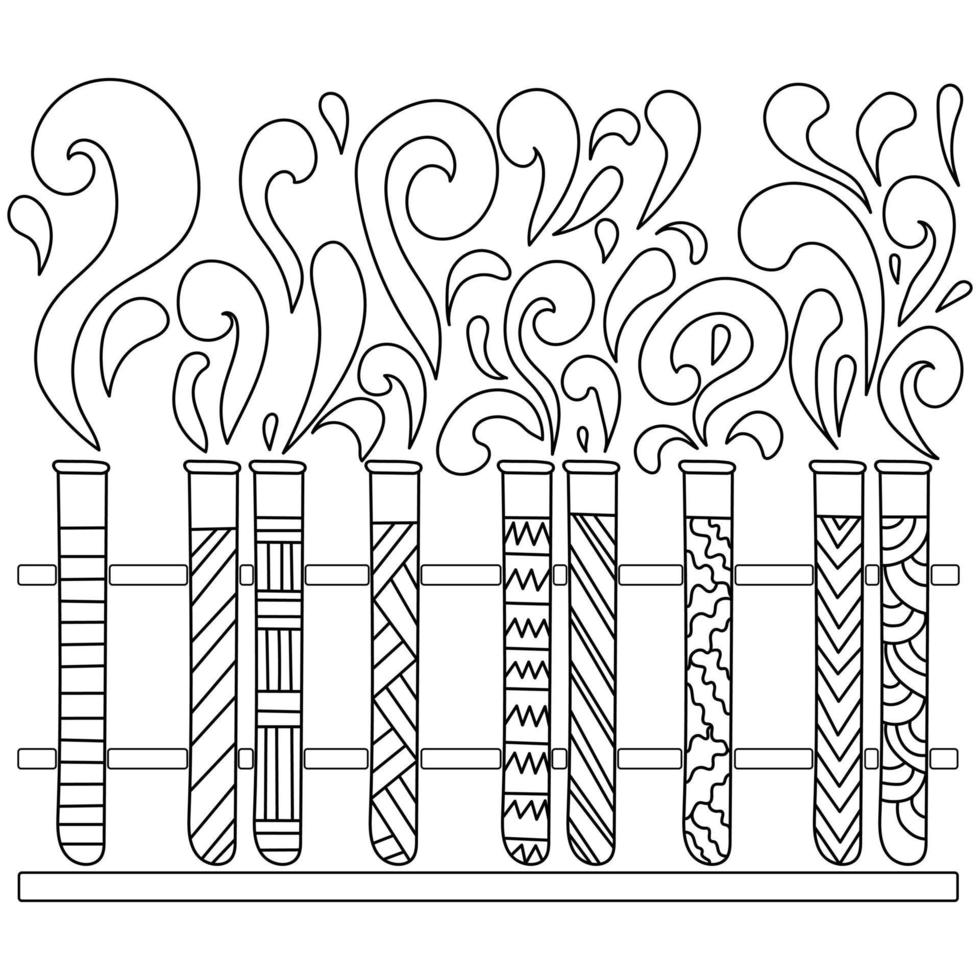 Research laboratory glassware, test tubes set with violent reaction, scientific coloring page vector