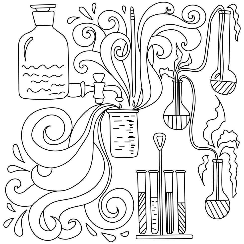 Scientific anti stress coloring page, flasks, test tubes and other laboratory containers with various reagents, chemical reactions in the form of ornate shapes vector