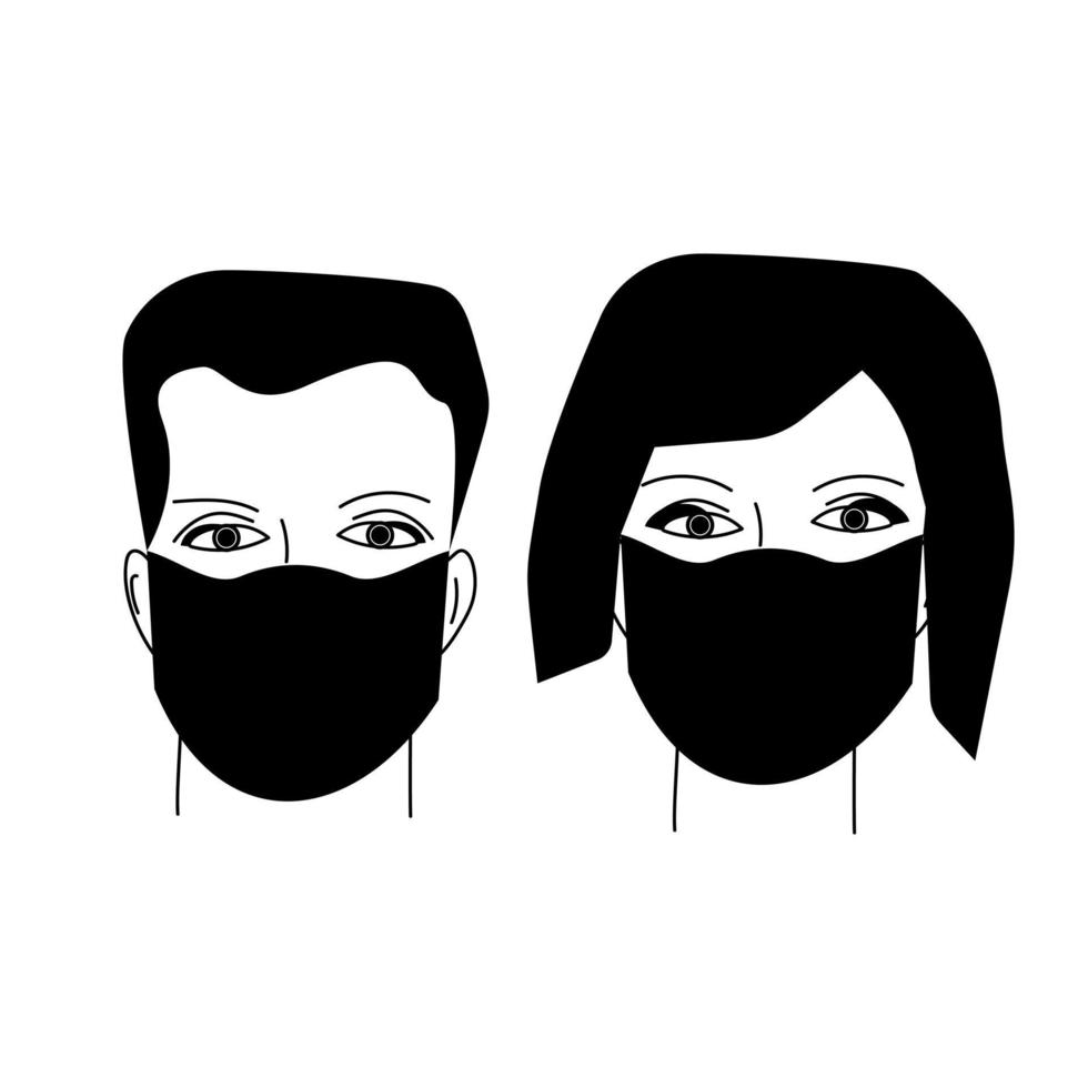 Face of man and woman in protective mask, medical mask on mans face vector