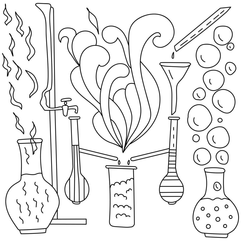 Contour coloring page with scientific paraphernalia, flasks, funnels and burettes surrounded by fantasy patterns vector