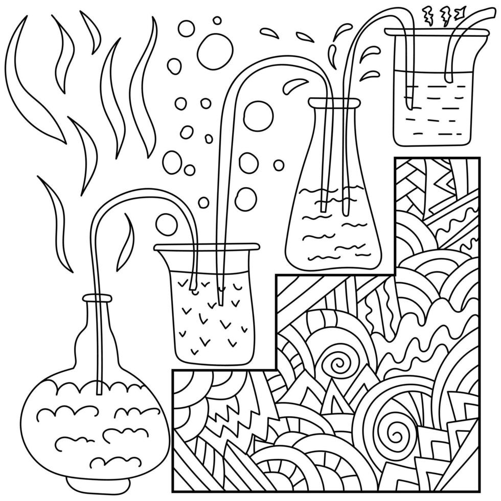 Flasks with violent reaction, antistress science coloring page with zen patterns and laboratory glassware connected by tubes, vector