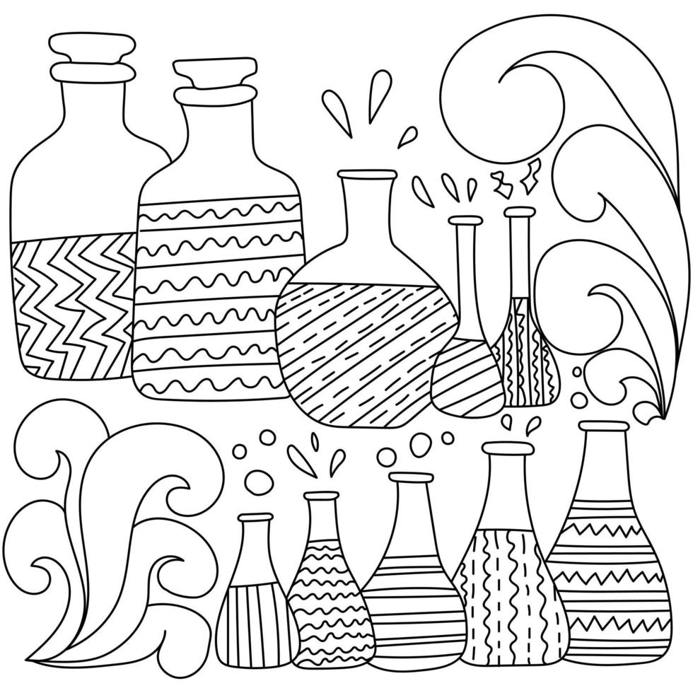 Coloring page on the topic of science and laboratory research, two rows of flasks and bottles with different zen patterns vector