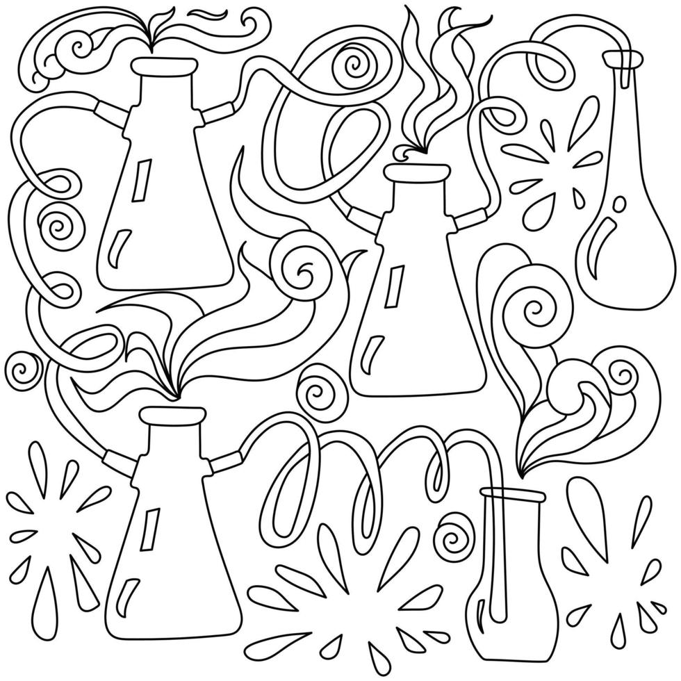 Antistress coloring page science, flasks of various shapes with intertwined tubes, confusion of curls and laboratory designs vector