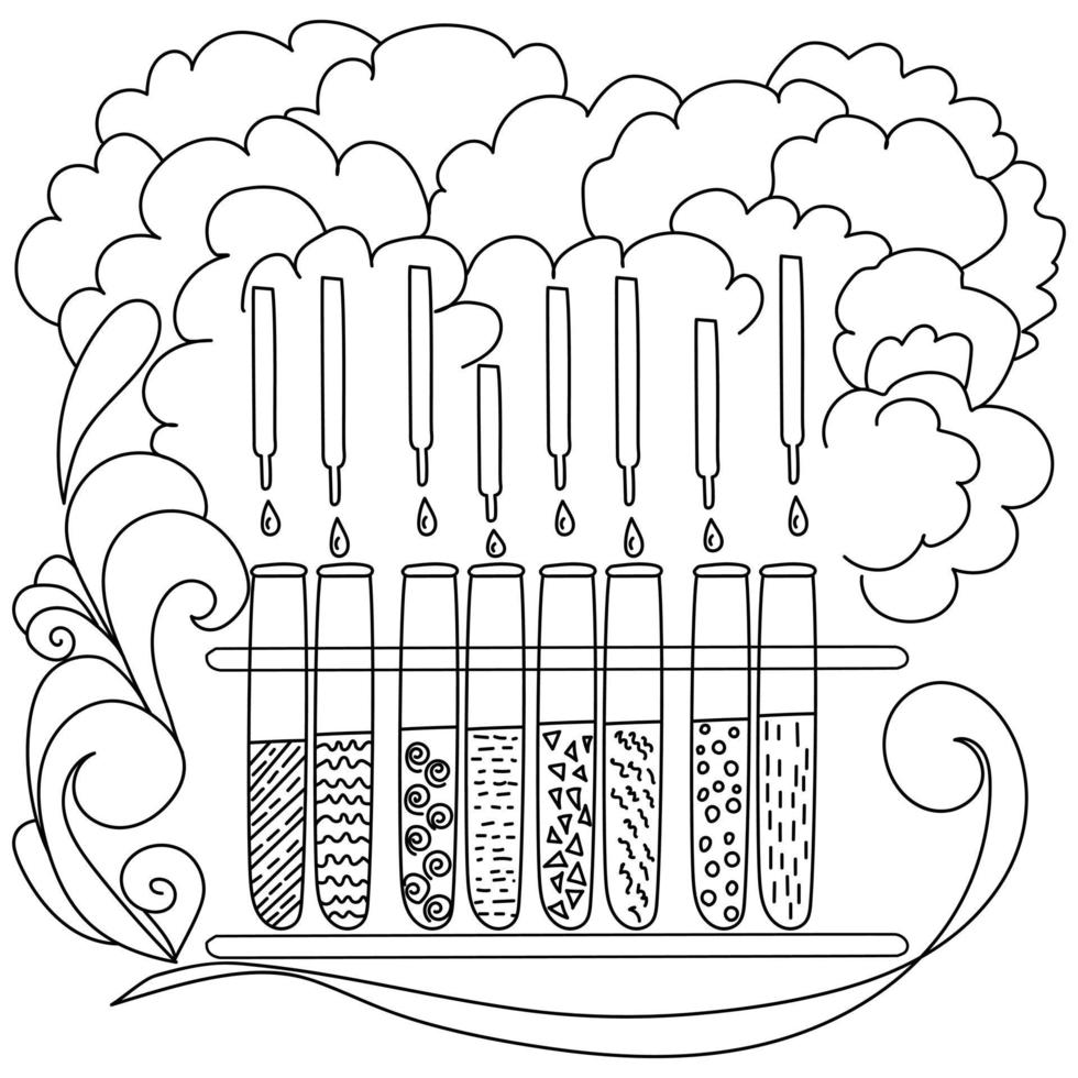 Science coloring page with a row of test tubes and pipettes with drops, curled patterns in the form of a violent reaction vector